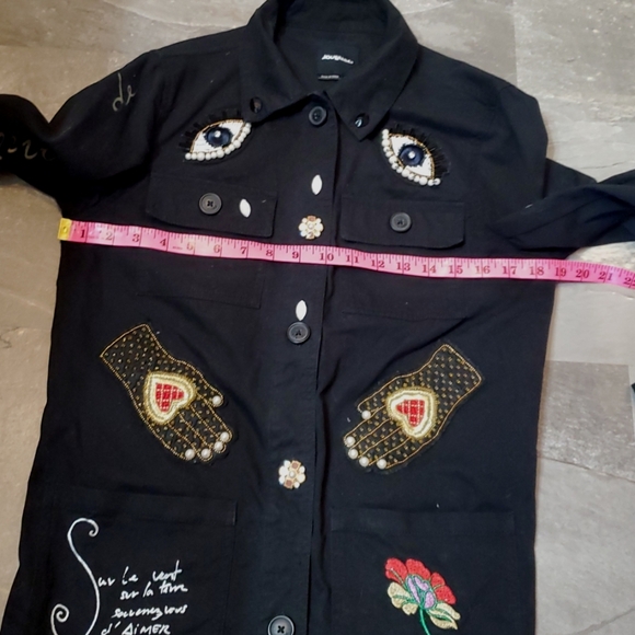 Desigual Black Embellished Black Jacket. Print, Beads, Sequins, Embroidery. M. - Picture 14 of 16